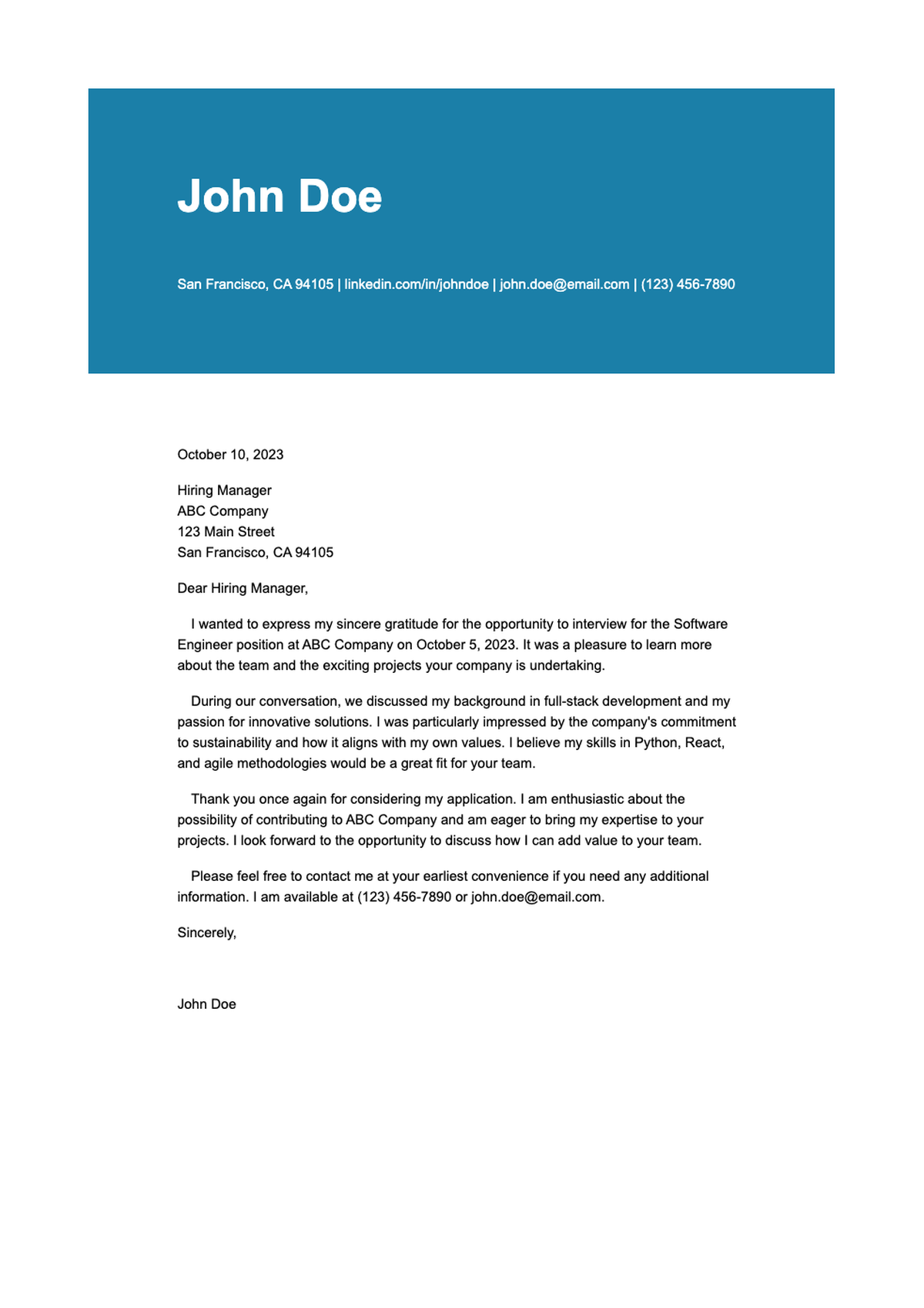 Professional follow up cover letter with blue header_variant_3